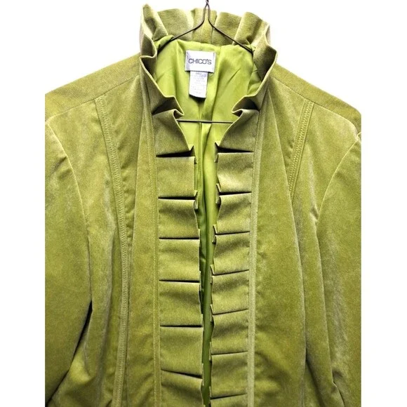 Chicos Size 2 Retro Spring Green Baby Corduroy Ruffle collar Open Front jacket - Picture 2 of 9